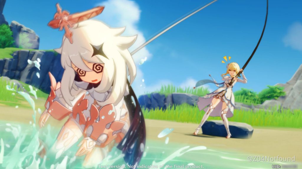 Screenshot from Genshin Impact. A scene set within a lush, daylit pastoral setting alongside a river. A young woman wearing a fantastical, white garb and blonde hair pulls out a young, small girl with a fishing rod from the body of water in front of her. The girl wears an angel-like garb, and cartoon swirls in her eyes indicate her unconsciousness. 