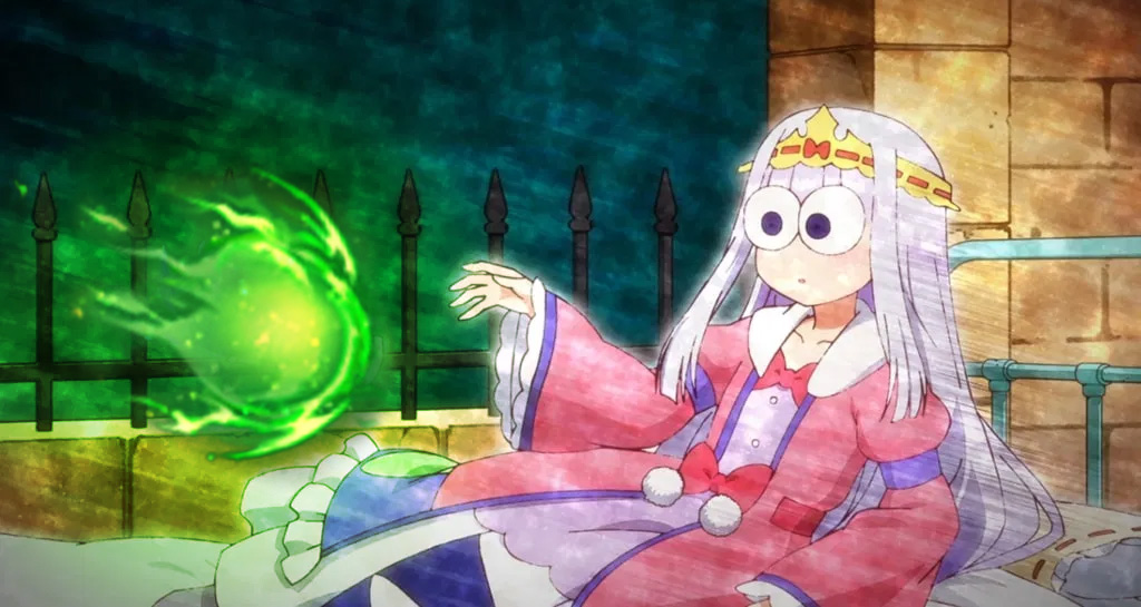 A a young girl lying in bed wears a cartoonish, shocked expression as she look towards a green, glowing orb flying towards her.