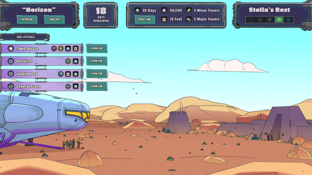 A ship looks across an empty horizon in a desert-like region, with humanoids much smaller in scale standing underneath its nose. Different windows of UI management systems frame the top of the screen. 