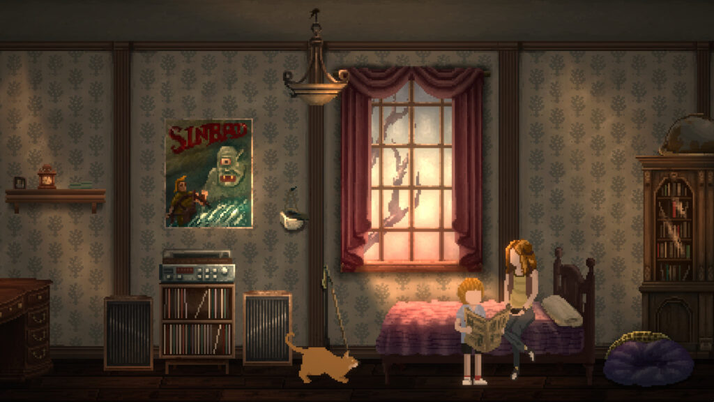 A pair of siblings are looking through a pamphlet, seated on a bed in a shabby, vintage-styled room. A window behind them bleeds in light and an orange cat is crouching to their side on the floor. 