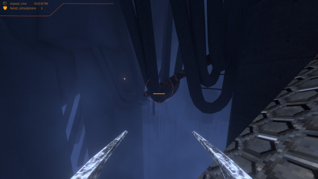 A first person perspective view holding two sharp tools, looking down upon industrial structures hanging over a very open bottom.