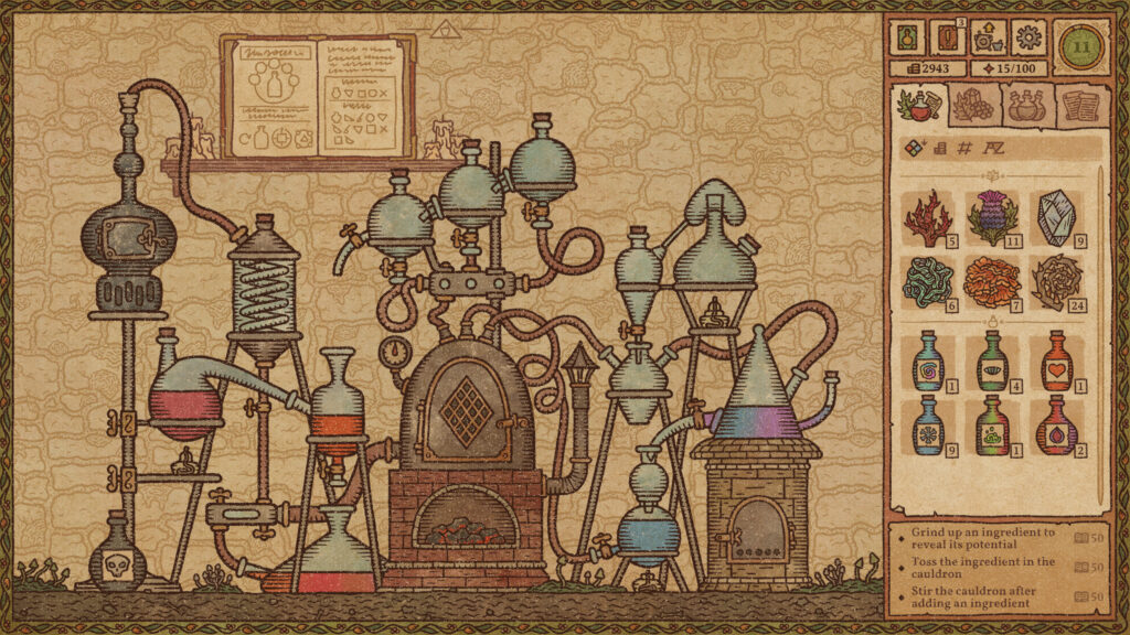 A mechanism of connected vials and glass bottles, visually styled and illustrated like pre-Renaissance illuminated manuscripts. 