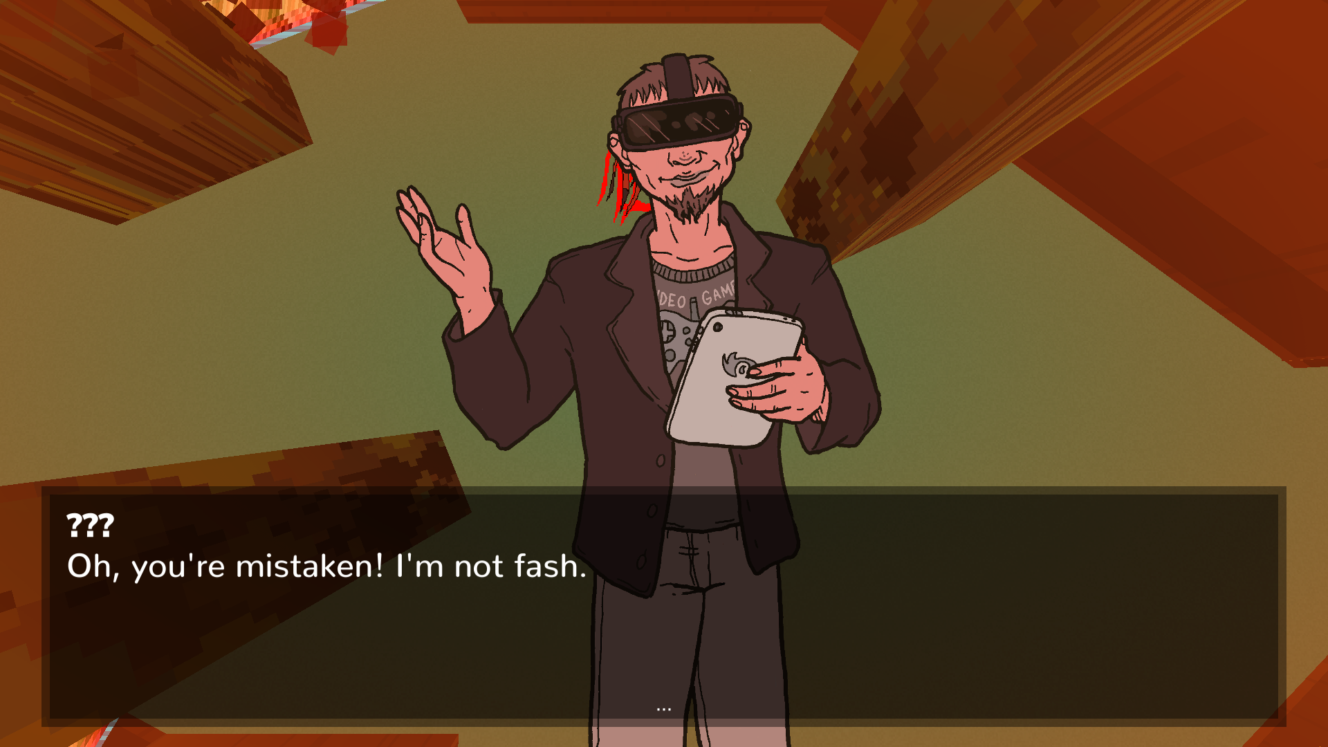 Pictured is one of the main antagonists of Extreme Meatpunks Forever: Bound By Ash, and unnamed Tickbro with an ipad and VR headset who you meet in the burning woods and says, "Oh, you're mistaken! I'm not fash." Very reassuring, bub.