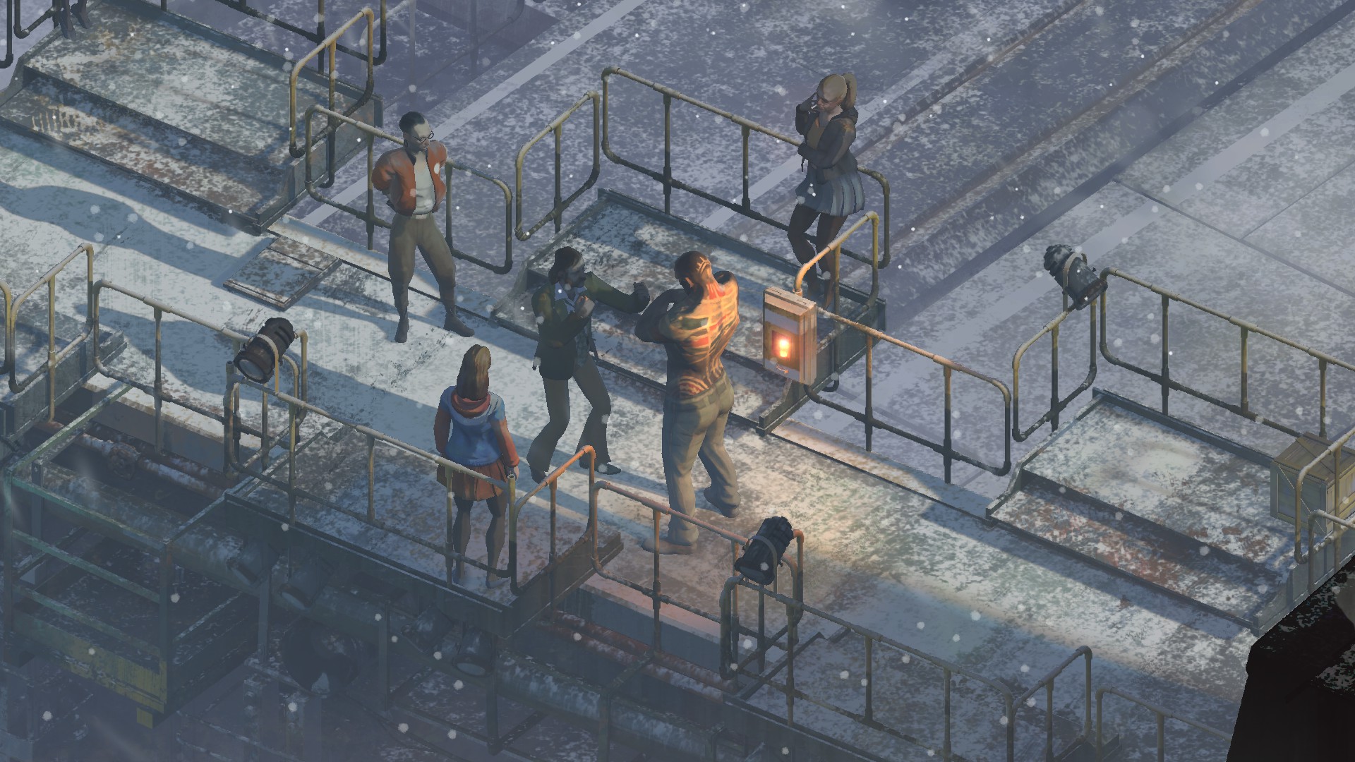 Screenshot from the game Disco Elysium. An isometric view overlooking an industrialized setting as a group of figures stand around. Two of the figures stand in the center of the frame caught within a confrontational stance.