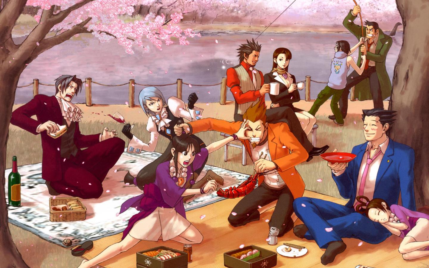 A group of people are having a picnic by a body of water underneath a coupling of cherry blossom trees. One pair is fighting over a lobster with chopsticks while another pair looks on in bewilderment, accidentally tossing wine. Another pair tightly tugs onto a fishing pole from the water.