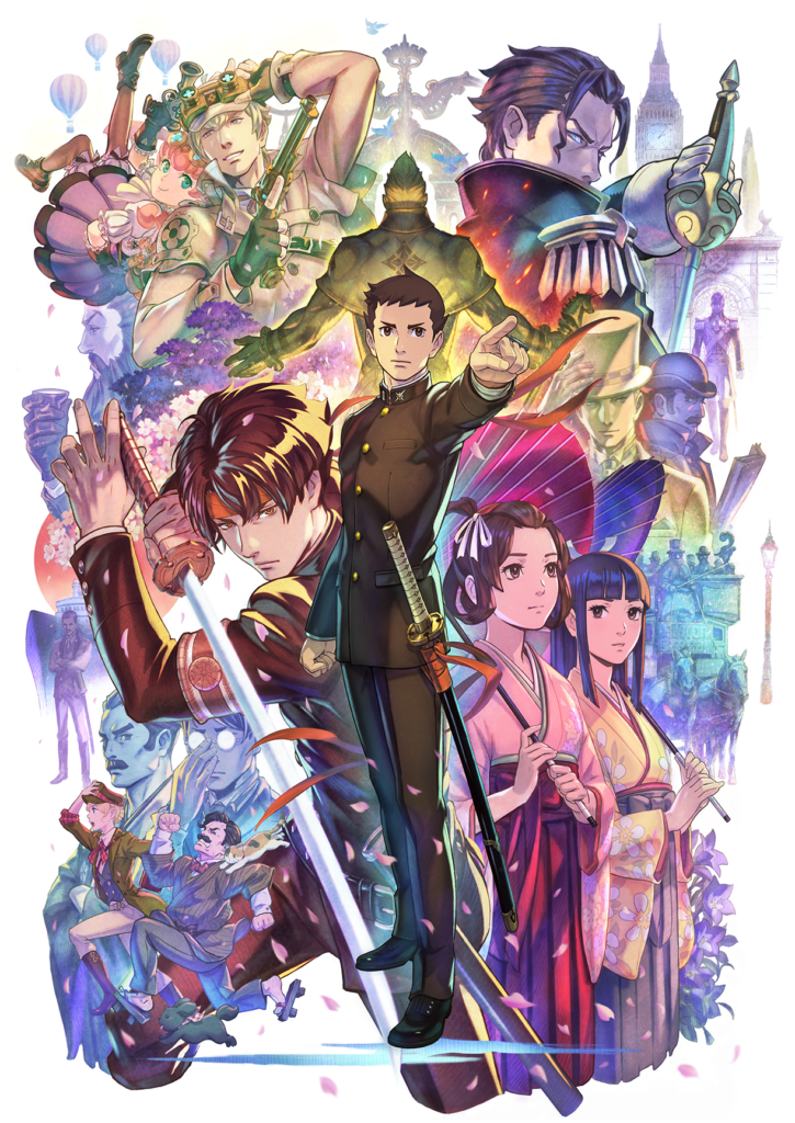 A colorfully illustrated collage of various characters from The Great Ace Attorney series. A young man wearing a black uniform firmly stands in the center, closest to the foreground, pointing to something off-frame. 
