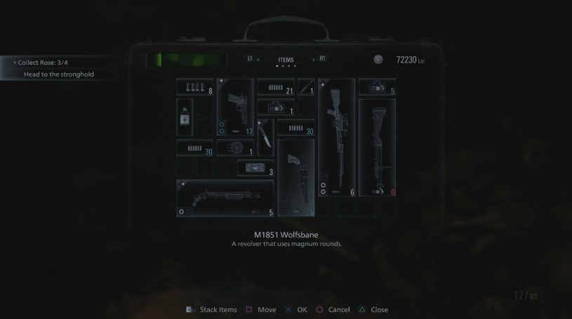 An example of the inventory screen in Resident Evil Village