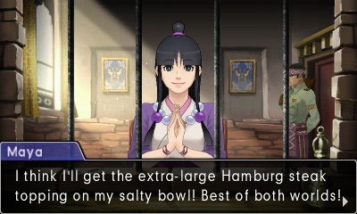 A young woman with long black hair, a portion of it in a high bun, sits behind a set of bars. With her hands folded, she says, presented in a dialogue box, "I think I'll get the extra large Hamburg steak topping on my salty bowl! Best of both worlds!"