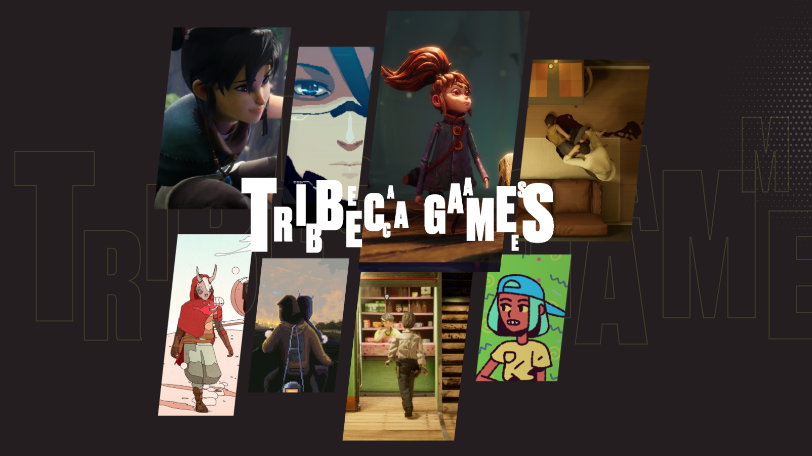 Collage of assorted thumbnails of different videos displaced behind large text on a solid gray background that says, "Tribeca Games".