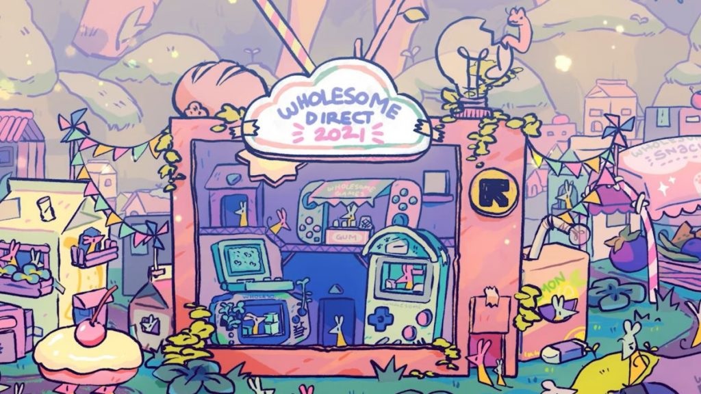 A soft, pastel color themed illustration centered on an old fashion television set with an assortment different video game devices in its screen. The televison sits on a grassy floor surrounded by paper cartons and packaging converted into architecture.