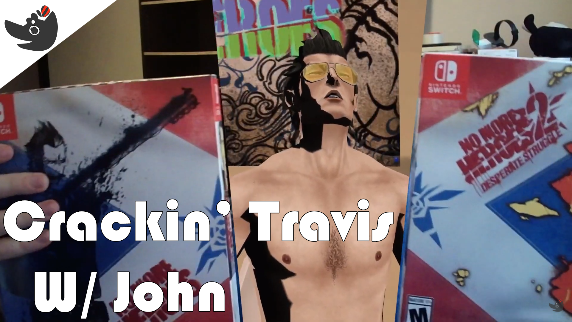Travis Touchdown opening Limited Run's No More Heroes 1 and 2 packs, the text says "Crackin' Travis w/ John"