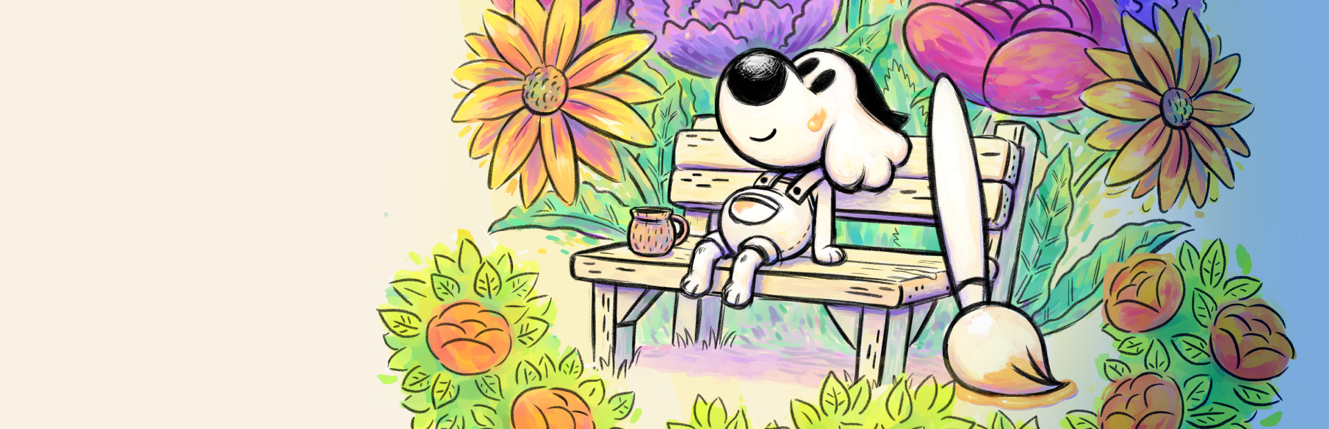 A cartoon dog sits on a wooden bench with a mug and giant paintbrush on both of its sides. The dog is looking up and is surrounded by a colorful array of flora and plant life.