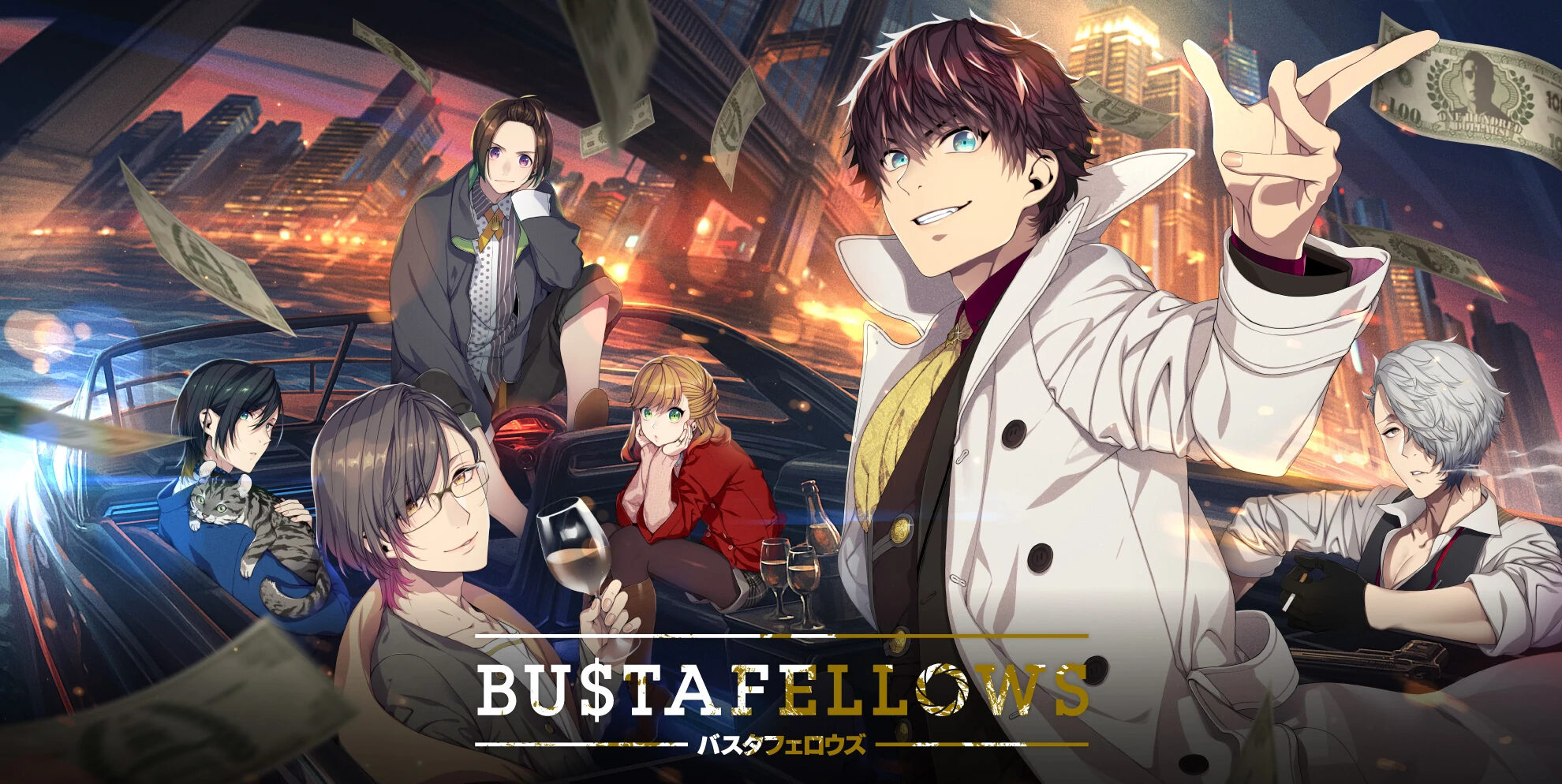 An official art spread for BUSTAFELLOWS. A group of people looking towards the viewer sit in various poses on a speeding boat. A scene of a city illuminated in the night is in the backdrop.