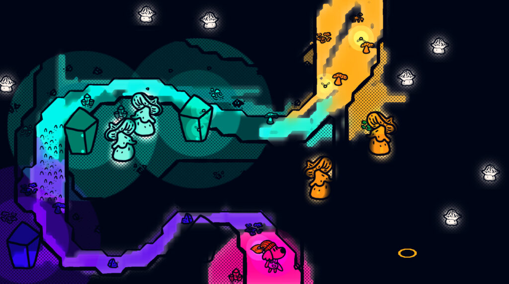 A multi-colored, glowing path winds through a dark cavern. A dog with a giant paintbrush stands at its entrance on the bottom of the frame.