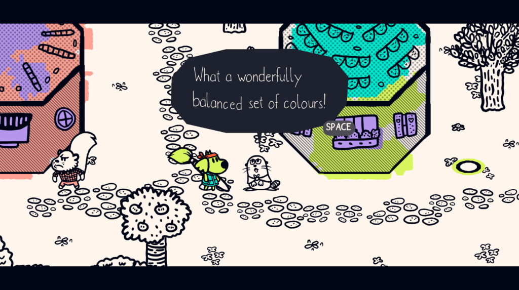 An anthropomorphic dog holding a giant paintbrush looks towards a beaver-like character as they stand by a path next to a small building. The beaver exclaims, "What a wonderfully balanced set of colors!"