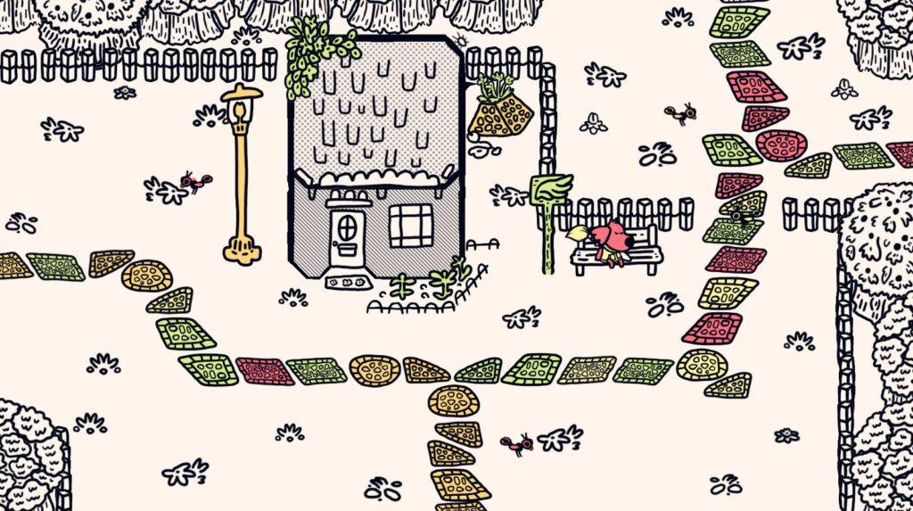 A cartoon like dog has fallen asleep on a bench to the right of a small house. Various colored tiles are scattered across the ground, forming a path circling the house and passing it.