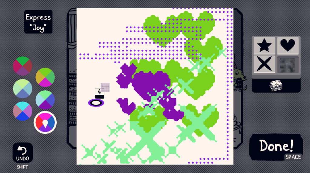 A white, digital canvas is splattered with green and purple colors forming shapes that resemble dots and hearts. A prompt on the left reads, "Express 'Joy'", with several color palettes below it.