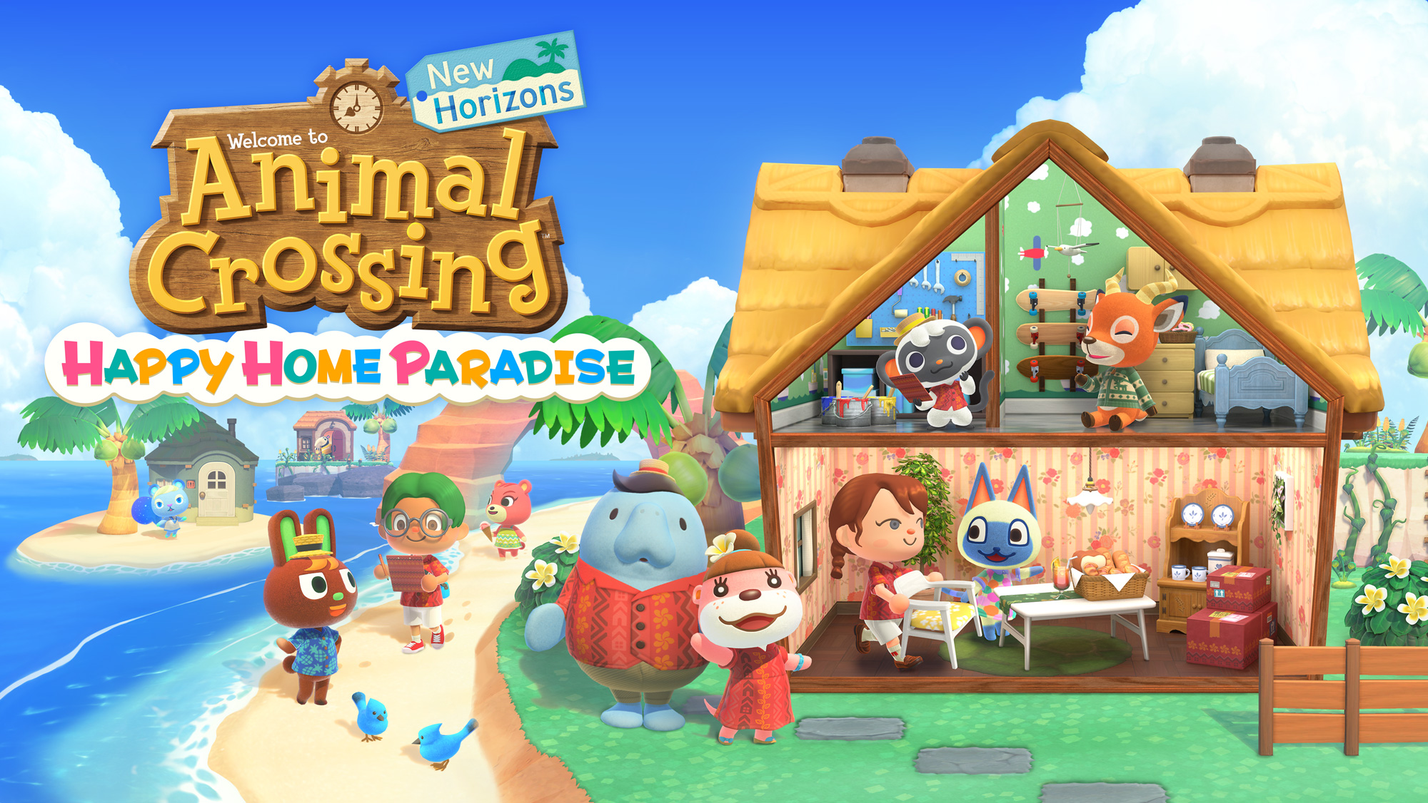Promotional image for Animal Crossing;'s Happy Home Designer DLC paid update. A group of various anthropromophic characters stand in front of a furnished home near the side of the beach.