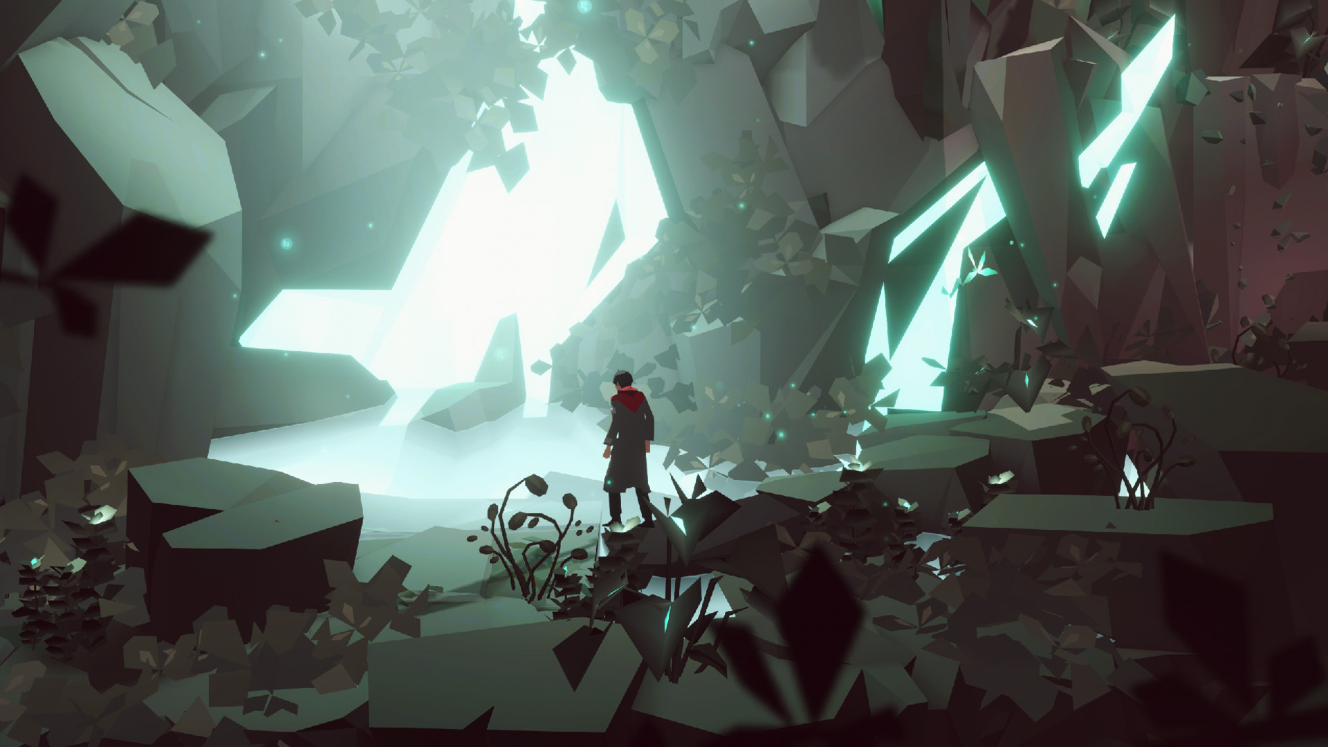 Screenshot from OPUS: Echo of Starsong. A male figure wearing a long coat stands before a glowing light, emitting from an opening in the midst of several rock and cavernous structures.