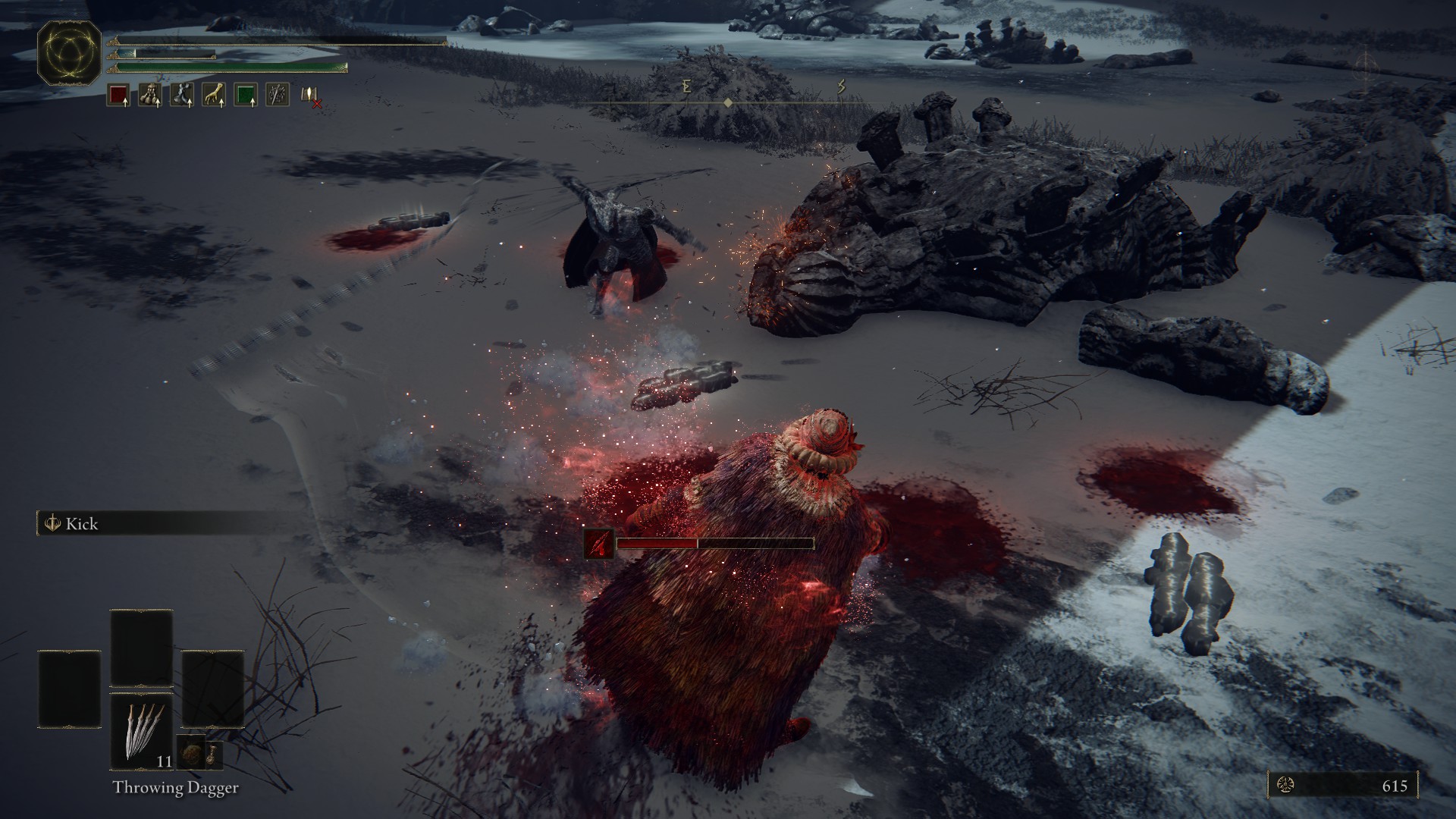 Screenshot from Elden Ring: the player character is defeated by Juno Hoslow, Knight of Blood.