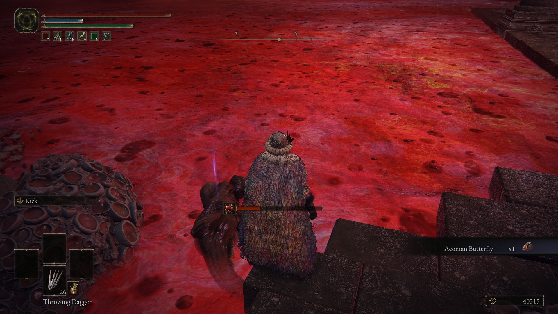 Screenshot from Elden Ring: a player character stands over a fresh basilisk corpse in the Lake of Rot, having pilfered a rare Aeonian Butterfly from it.