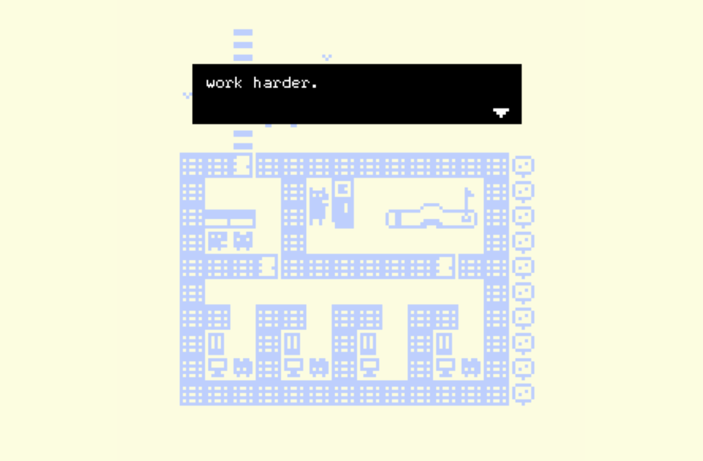 A top-down view of a building in a low bit, pixelated artstyle with various crates and shelves in its interior, rendered in a light blue against a light yellow background. A black text box on the top of the frame reads, "work harder."