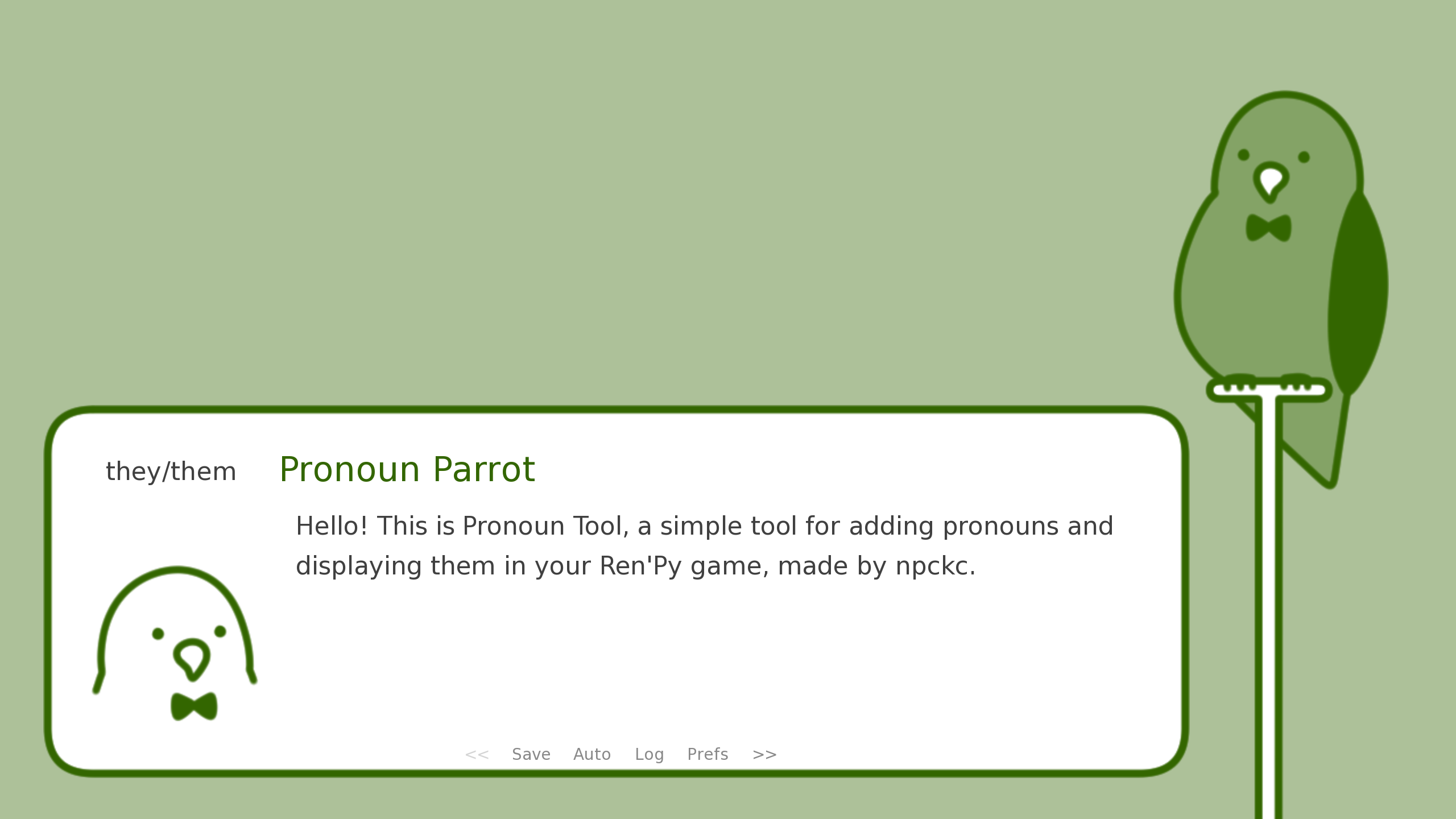 An illustrated parrot is perched against a solid, green background. A text box appears next to it, and text under the name, "Pronoun Parrot", reads, "Hello! This is Pronoun Tool, a simple tool for adding pronouns displaying them in your Ren'Py game, made by npckc.