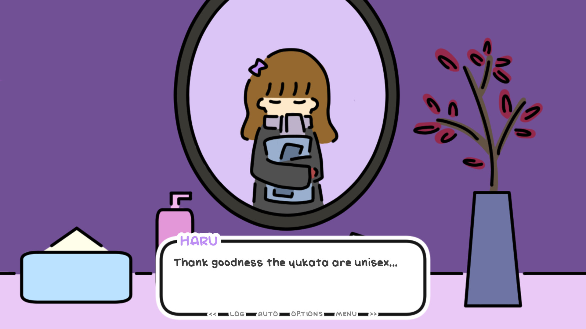 A young woman with long brown hair and a purple bowl appears in a mirror, holding on to a bundle of clothing to her chest with her eyes shut. Text within a dialogue box at the bottom of the image under the name, "Haru", reads, "Thank goodness the yukata are unisex..."