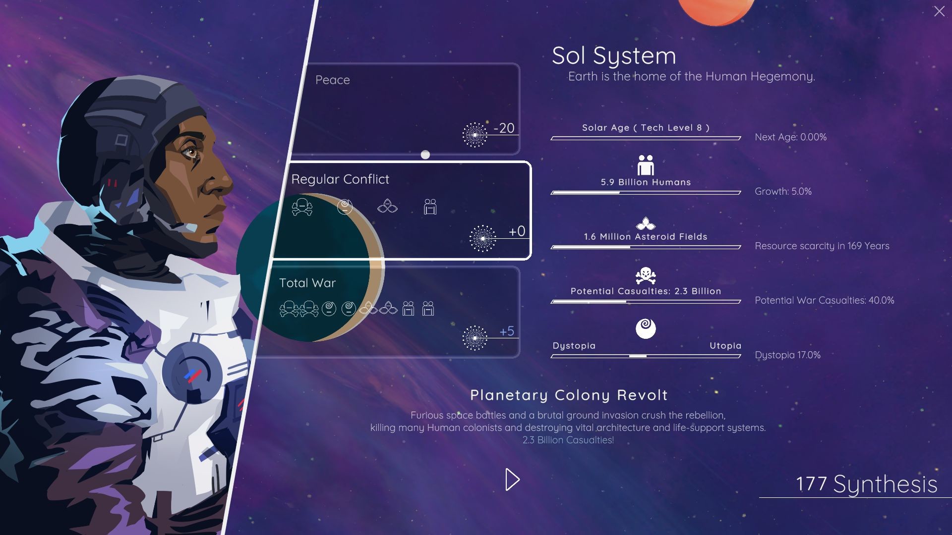 Screenshot from The Fermi Paradox. An illustrated portrait of a Black human being wearing astronaut gear is faced in profile to the right against an abstracted, space background. The right side of the screen features various interface elements and controllers for the "Sol System".