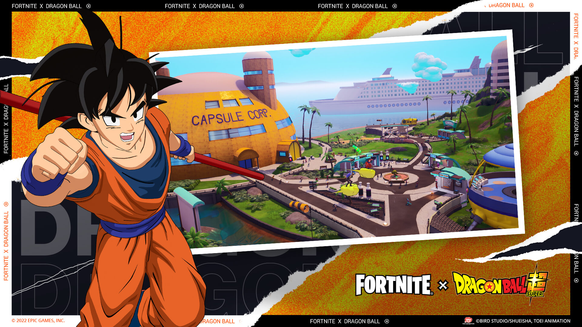 A man wearing an outfit inspired by Japanese martial arts uniforms, stands to the side of a photo of a semi-futuristic city with tropical elements. He is holding his fist up towards the viewer with an enthusiastic expression, while holding a staff in his other hand. The words "Fornite X Dragonball" sit in the bottom corner of the this image.