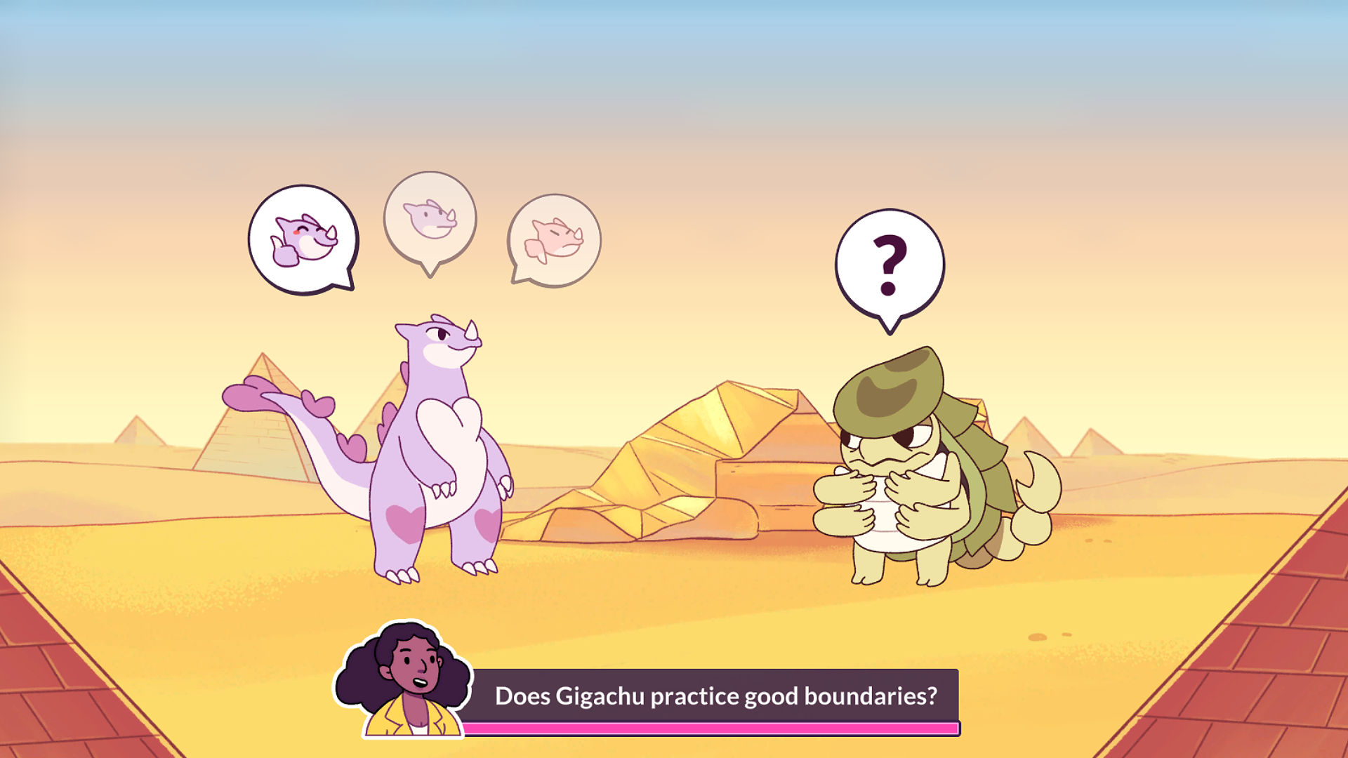 Screenshot from Kaichu - A Kaiju Dating Sim. Screenshot from Kaichu - A Kaiju Dating Sim. Two monsters stand in the middle of a desert in front of a rubble of sand and rock. The pink-colored, reptilian monster on the left has various expressions floating above their head, while the turtle-like monster standing on the right has a question mark floating above their head. A string of dialogue with the portrait of a Black woman wearing a yellow blazer on the bottom of the screen reads, "Does Gigachu practice good boundaries?"