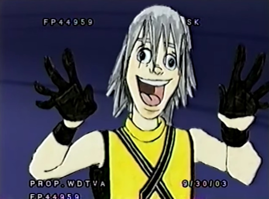 A crude, rough drawing of a young man with short, silver hair, black gloves, and a yellow sleeveless top flailing his hands out and making a wide-eyed, goofy expression.