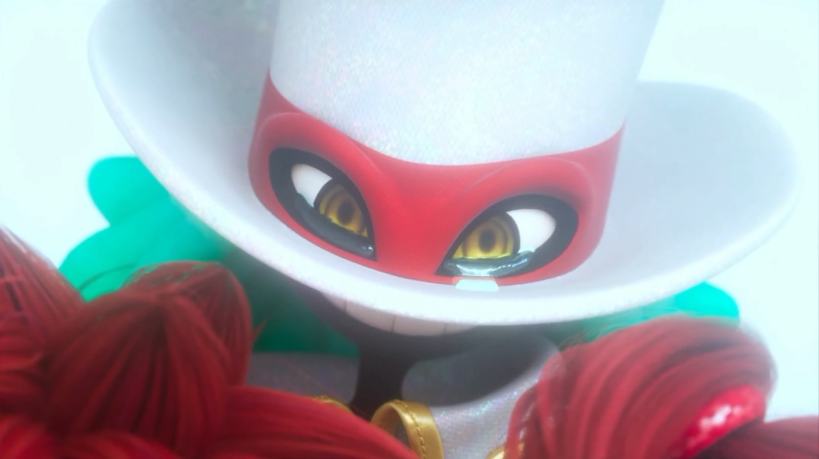 A screenshot from the game Balan Worldworld. A character with a white top hat and a red band as a face is mid-crying.