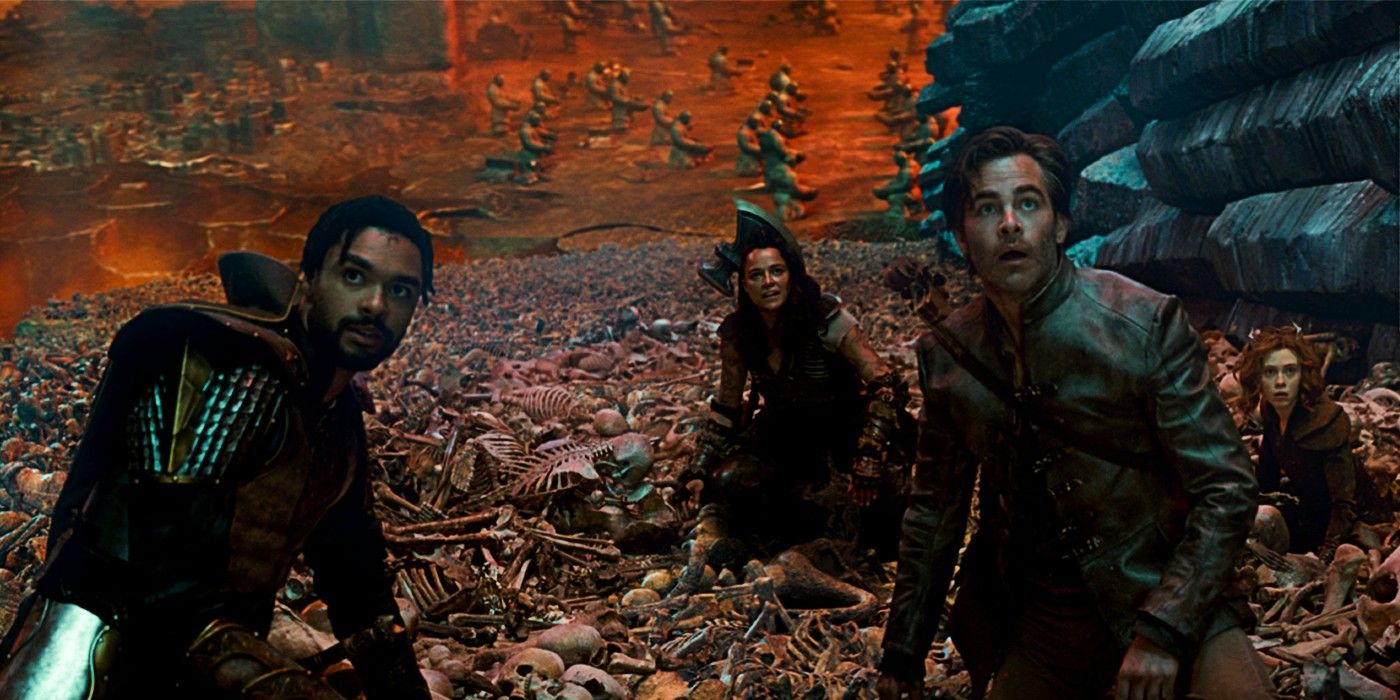 Screenshot from the Dungeons and Dragons: Honor Among Thieves movie. A group of disheveled humanoids lay crouched over a field of skeletal remains. They are all looking up towards something off-frame.
