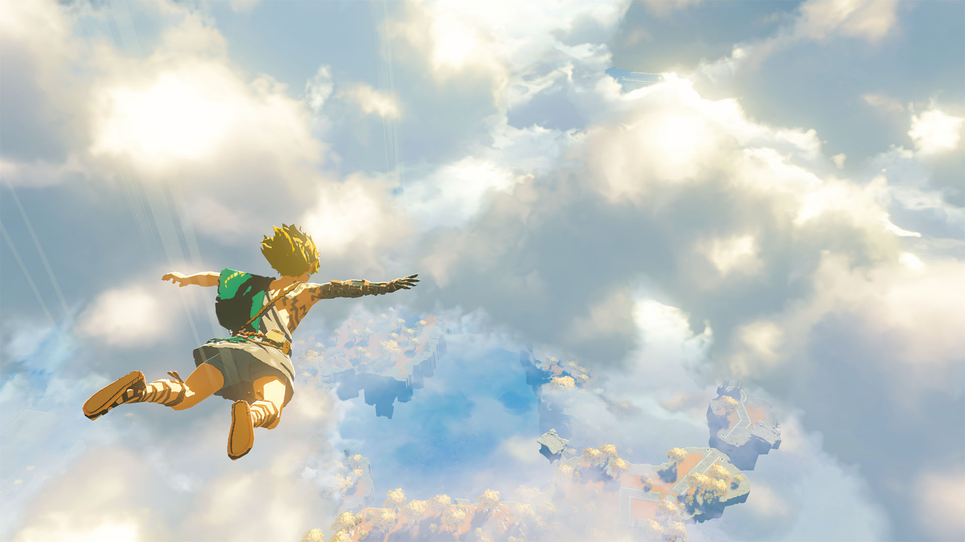 A video game screenshot of a blonde, humanoid, wearing a toga-like outfit with an offshoulder cloak, strap sandals, and a back tattoo, falling through an opening of clouds in the sky.