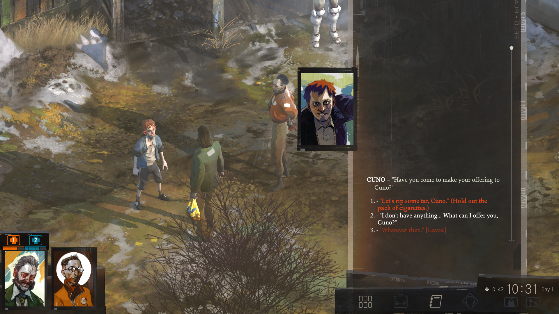 A screenshot from the video game, Disco Elysium. A group of three people stand around in an open field. Two men look towards a young, fair-skinned boy with a haggardly expression. A dialogue window sits on the left side of the screen, depicting a conversation between the group. The dialogue tree opens up with Cuno saying, "Have you come to make your offering to Cuno?" Dialogue options as follows are listed below the question, "Let's rip some tar, Cuno.", "I don't have anything...What can I offer you, Cuno?". and "Whatever then."