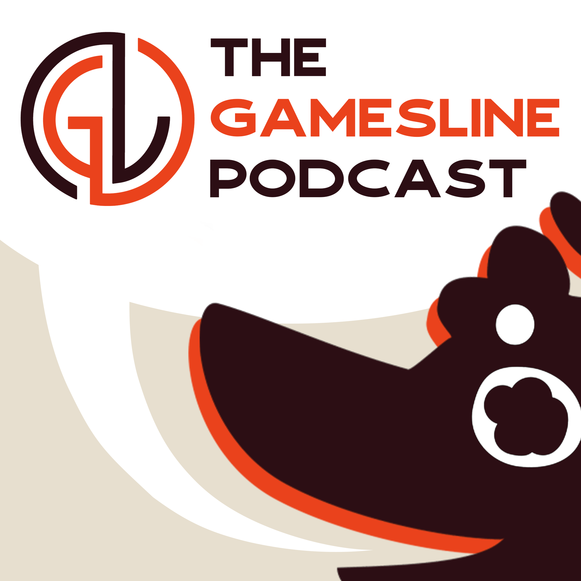 A cartoon dog with its mouth slightly ajar. A speech bubble emerges from its mouth, with the words "The Gamesline Podcast" in it, and a graphic logo accompanying the words.