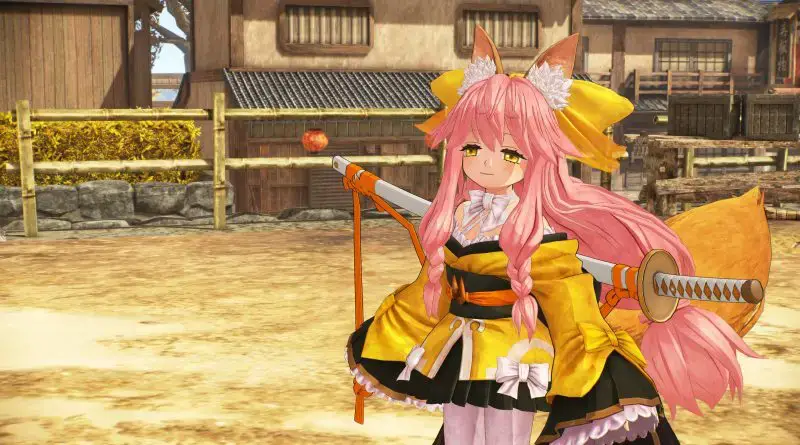 tamamo aria, one of the rouge servants from fate/samurai remnant. she is a small fox girl with pink hair, a yellow dress, and a large sword.