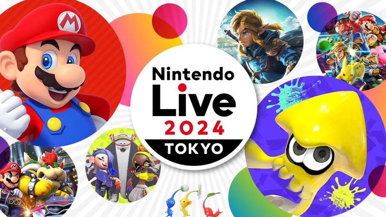 Collage of various Nintendo characters surrounding a circle vignette graphic that reads, "Nintendo Live 2024 Tokyo".
