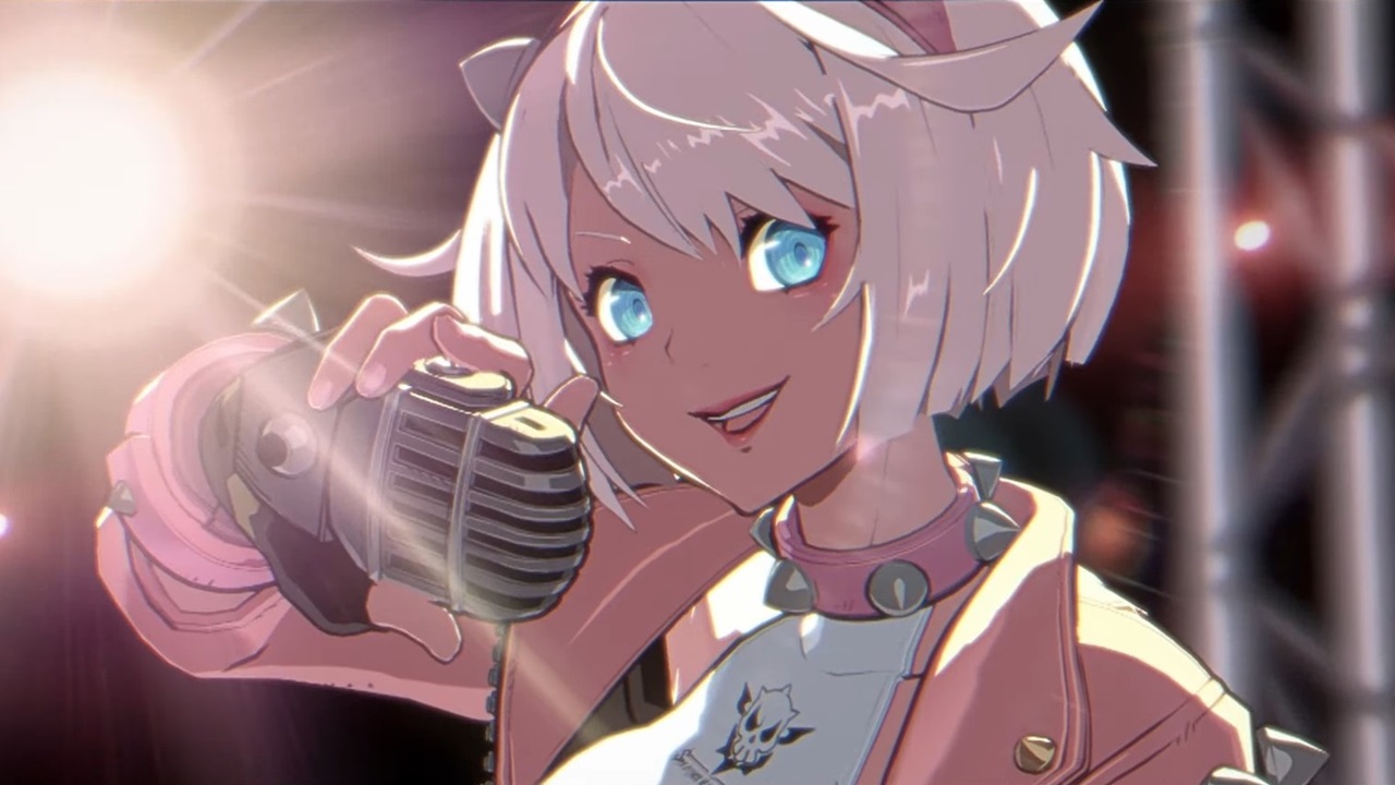 A close up of a young woman rendered in an anime artstyle. She has short, silver-colored hair with blue eyes, wearing a punk-like outfit with a pink jacket and skirt, and matching accessories, holding a microphone close to her face.