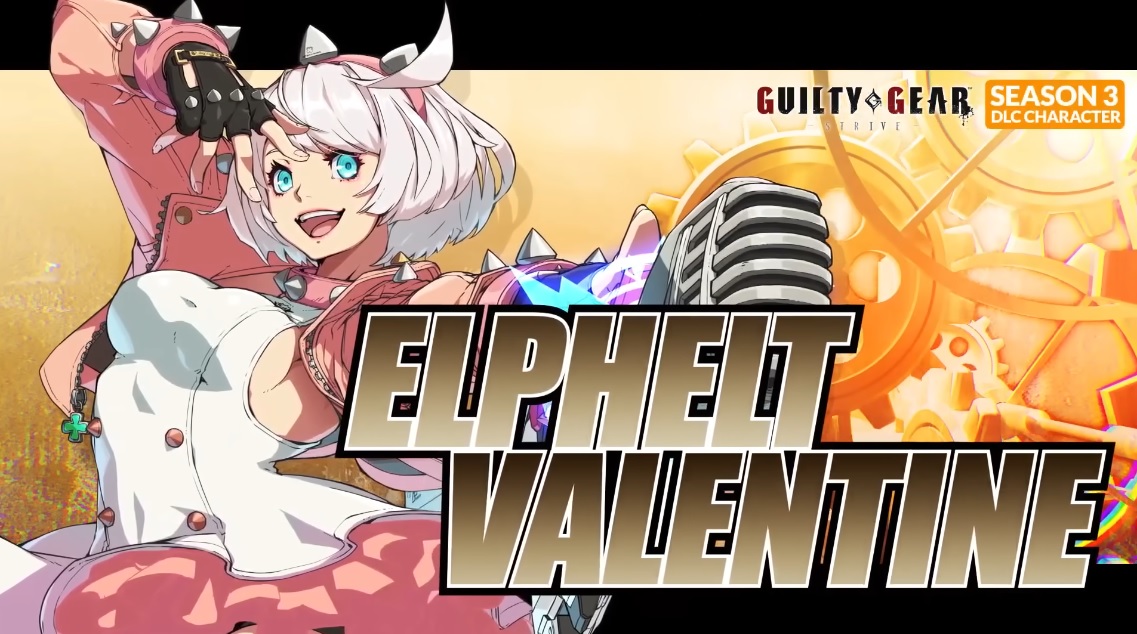 Illustrated medium portrait of a young woman rendered in an anime artstyle, posed next to the name of "ELPHELT VALENTINE", in bold, all-capitalized font. She has short, silver-colored hair with blue eyes, wearing a punk-like outfit with a pink jacket and skirt, and matching accessories. She points towards the viewer, holding a microphone.