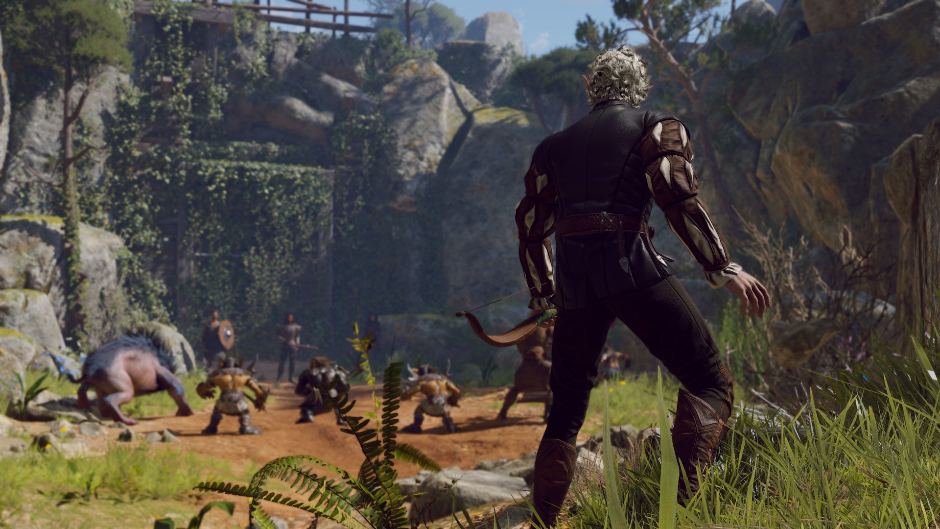 An over the shoulder shot of a standing, adult man with silver, short curly hair and pointed ears, wearing an outfit coordinated with leather accessories and slacks and boots. He is holding an archer's bow with a slightly cautious stance. He faces a gathering of monsters and fiends, standing in the distance further in the background.