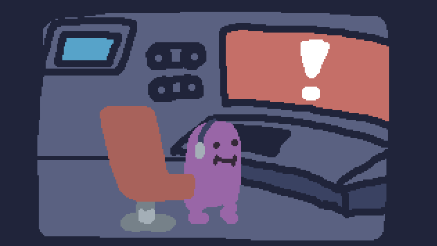 Screenshot from Mobile Suit Baba. A purple blob with two legs and an awkward expression faces a large monitor projecting a white exclamation point against a solid, red background. The blob wears a pair of headphones and stands in front of a red chair, centered in a control room.