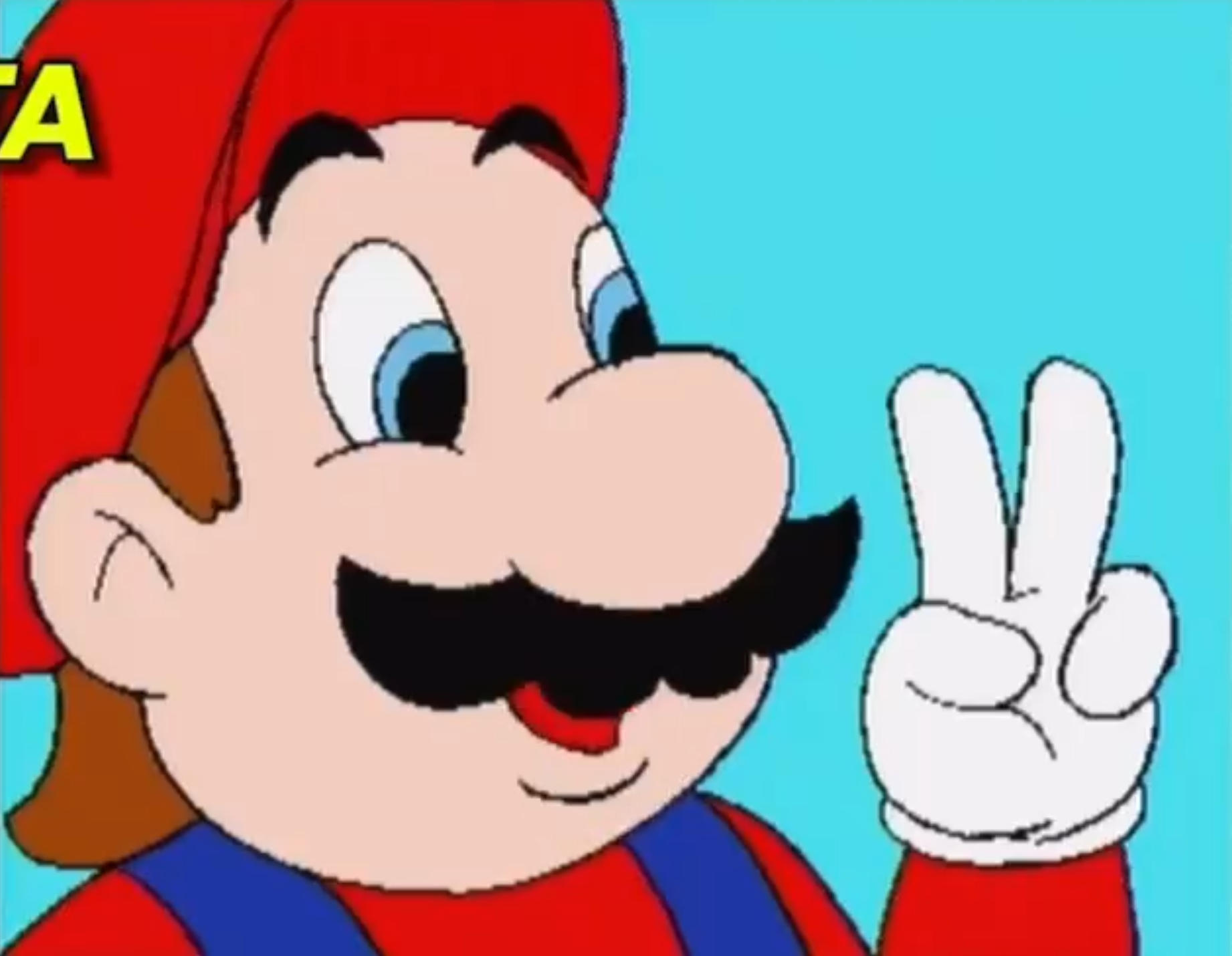 A picture of Mario from Hotel Mario raising two fingers instead of just one