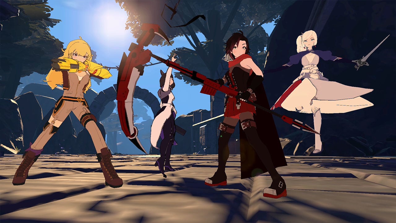 A group of young women rendered in a stylized 3D, anime artstyle pose mid-action in various outfits on a stone paved surface. They are surrounded by various trees and rock structures while a sun softly backlights them in the background. 