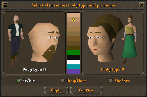 Screenshot from a video game featuring two characters with gender distinctions in a low-polygonal style posing on opposite sides of the frame. Close-ups of their faces are framing a color bar in the center of the frame.