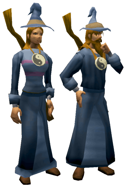 Two characters stand side by side against a transparent background. They have a traditionally wizardly appearance, both wearing light blue robes, a large pendant around their neck, and a pointed hat with a large wooden staff on their back. The character on the left bears a feminine appearance with a neutral expression, and the character on the right holds their hand to their face in a thinking expression, bearing a more masculine appearance with facial hair and messier hair.