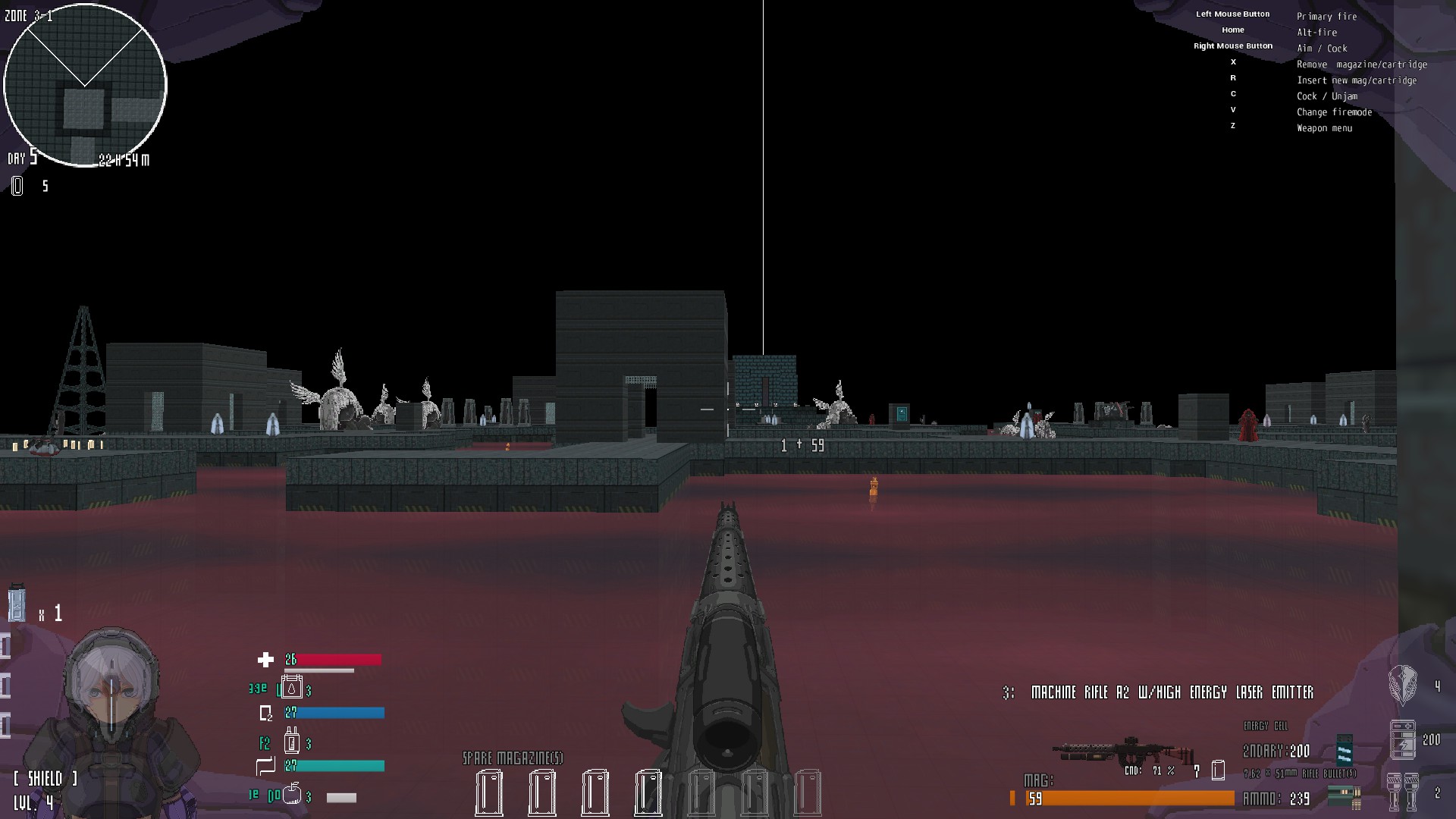 An in-game screenshot depicting a meandering path through a lake of blood filled with the corpses of angels.