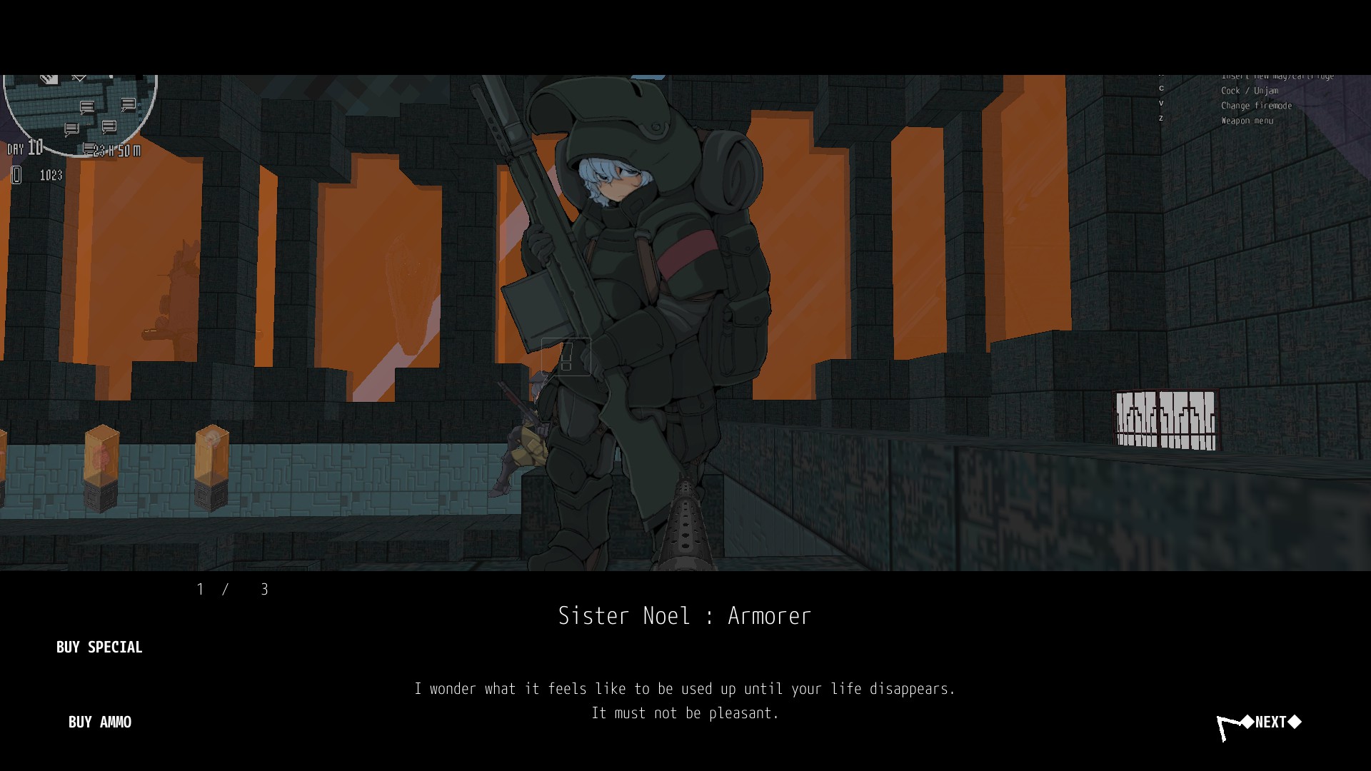 An in-game screenshot between the player and Sister Noel, an NPC. 
The text reads: "I wonder what it feels like to be used up until your life disappears. It must not be pleasant. "