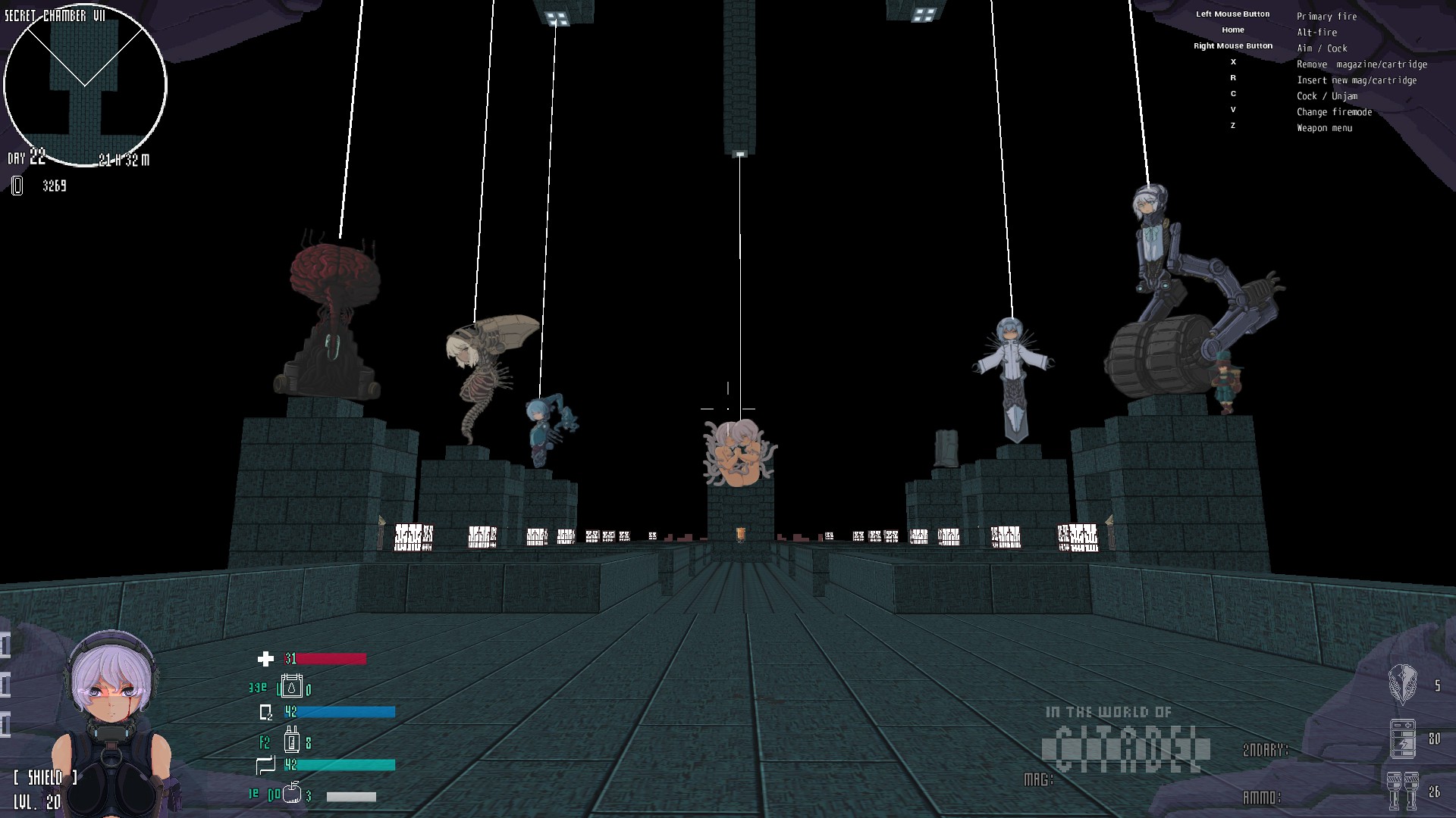 An in game screenshot of a late game area, a plinth where you place the fragments of various sins.